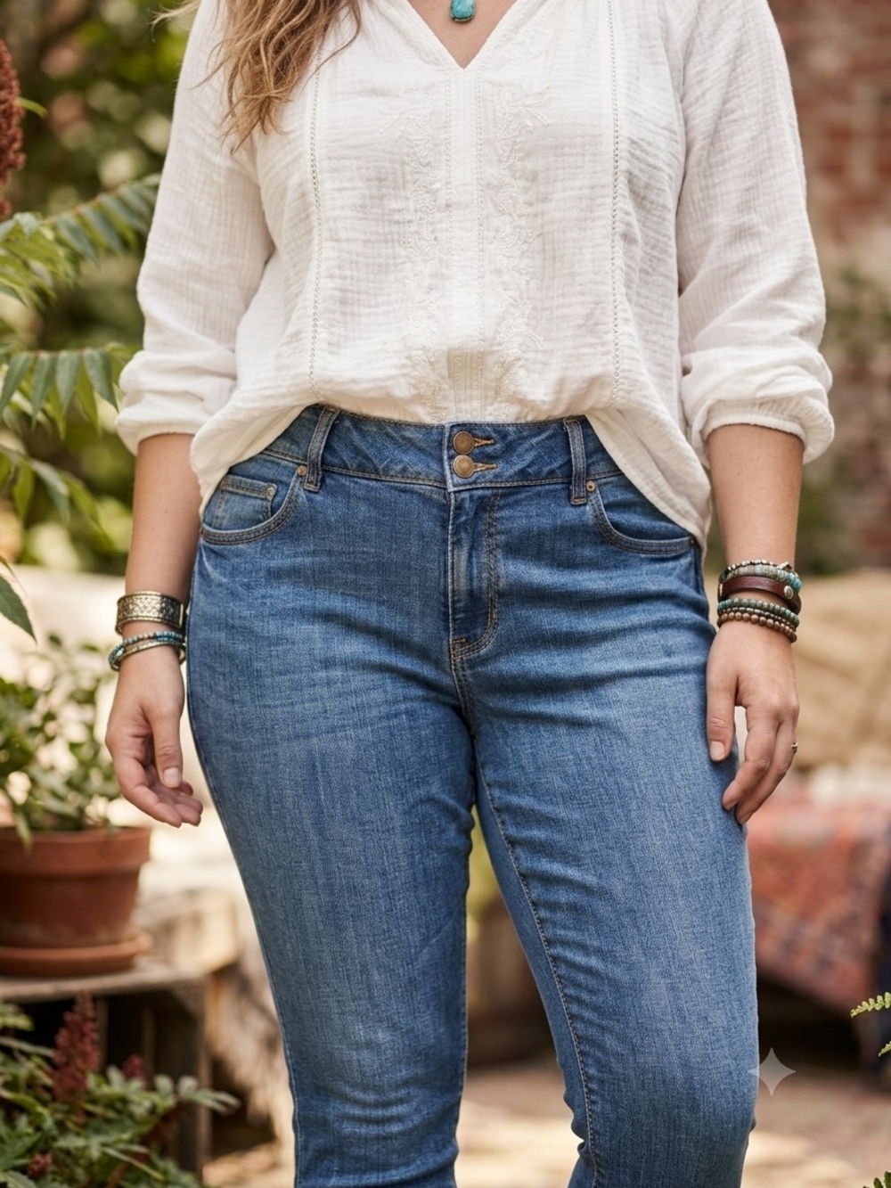 Cabi Cinch Skinny Double Button Jeans High Rise Stretch Denim Boho Y2K Coastal